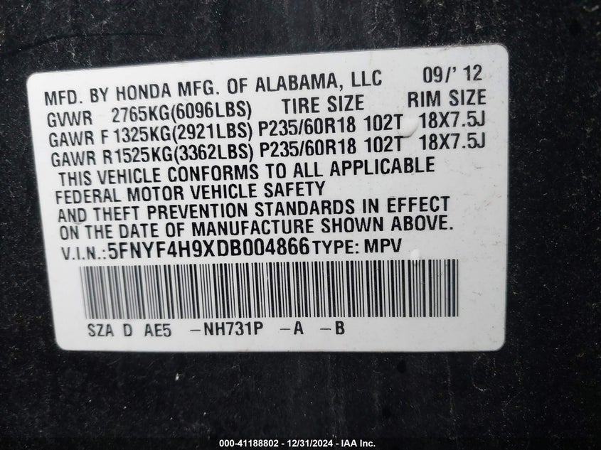 2013 HONDA PILOT TOURING - 5FNYF4H9XDB004866