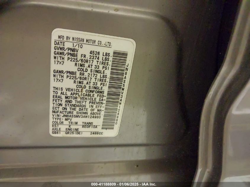 2010 Nissan Rogue Sl VIN: JN8AS5MV3AW124980 Lot: 41188809