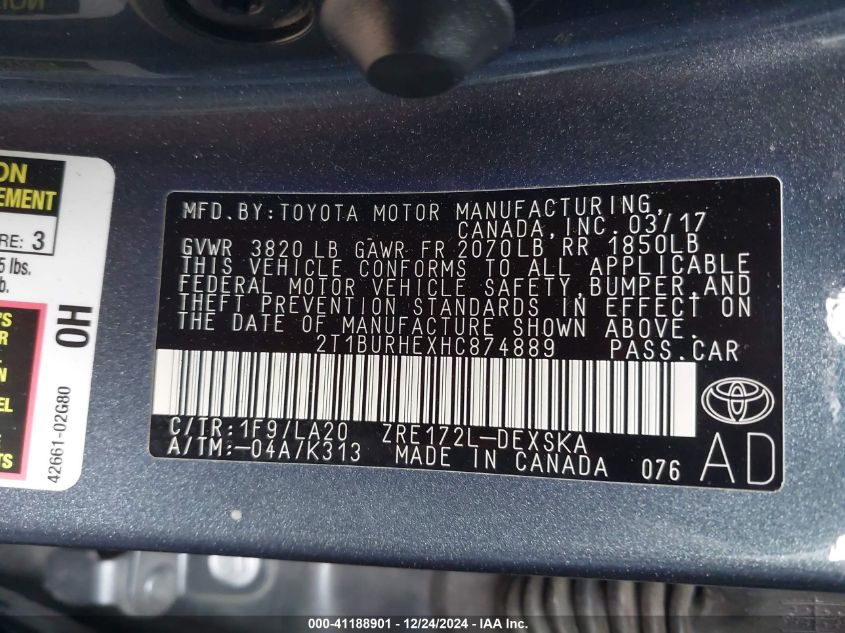 VIN 2T1BURHEXHC874889 2017 Toyota Corolla, Xse no.9