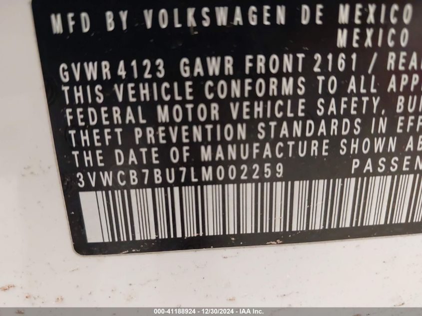 2020 Volkswagen Jetta 1.4T R-Line/1.4T S/1.4T Se VIN: 3VWCB7BU7LM002259 Lot: 41188924