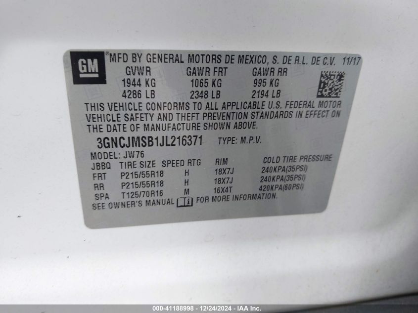 VIN 3GNCJMSB1JL216371 2018 Chevrolet Trax, Premier no.9