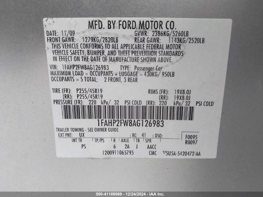 2010 Ford Taurus Limited VIN: 1FAHP2FW8AG126983 Lot: 41189069