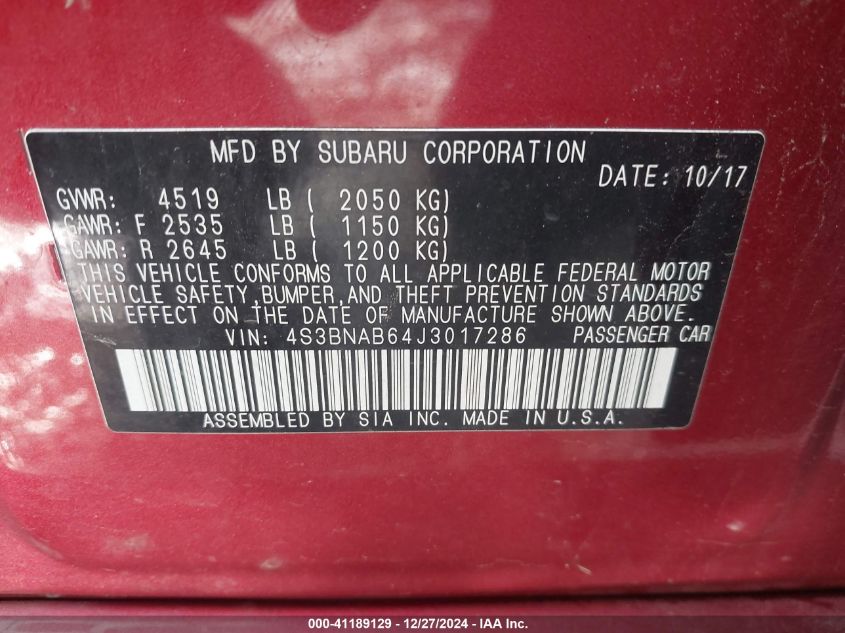 VIN 4S3BNAB64J3017286 2018 Subaru Legacy, 2.5I no.9