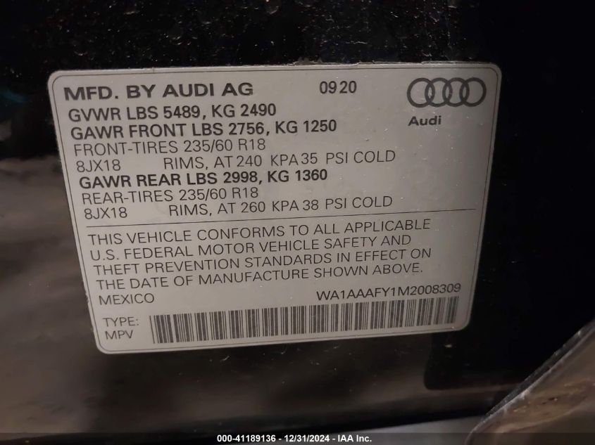 VIN WA1AAAFY1M2008309 2021 Audi Q5, Premium 45 Tfsi... no.9