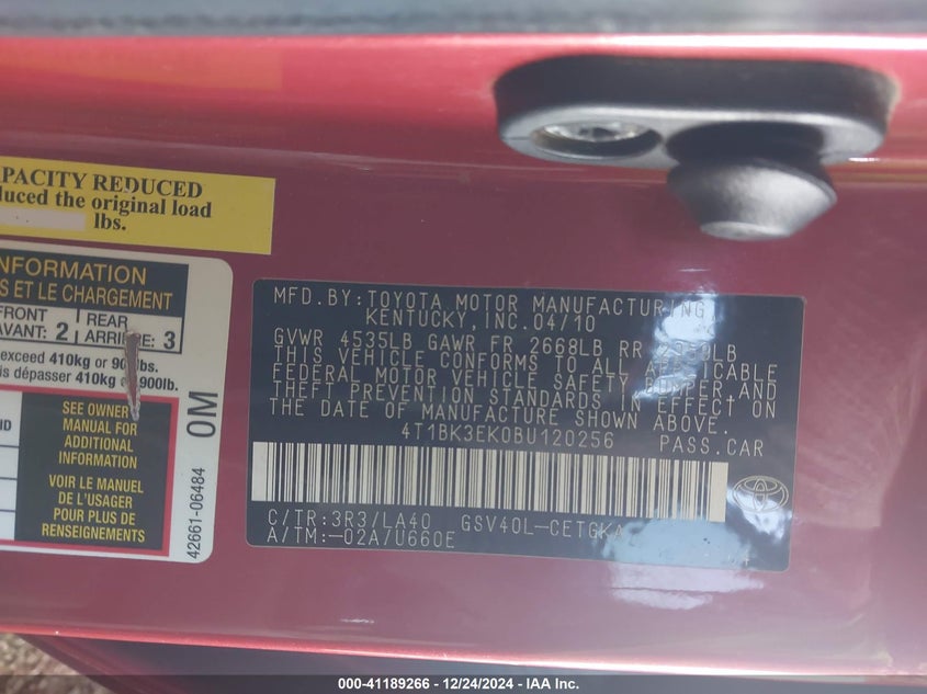 2011 TOYOTA CAMRY VIN: 4T1BK3EK0BU120256