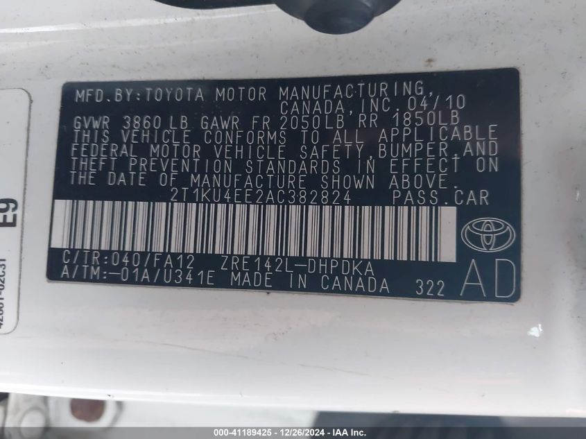 2010 Toyota Matrix VIN: 2T1KU4EE2AC382824 Lot: 41189425