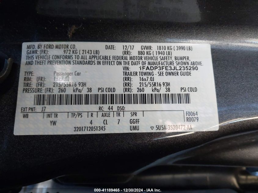 VIN 1FADP3FE3JL235290 2018 Ford Focus, SE no.9