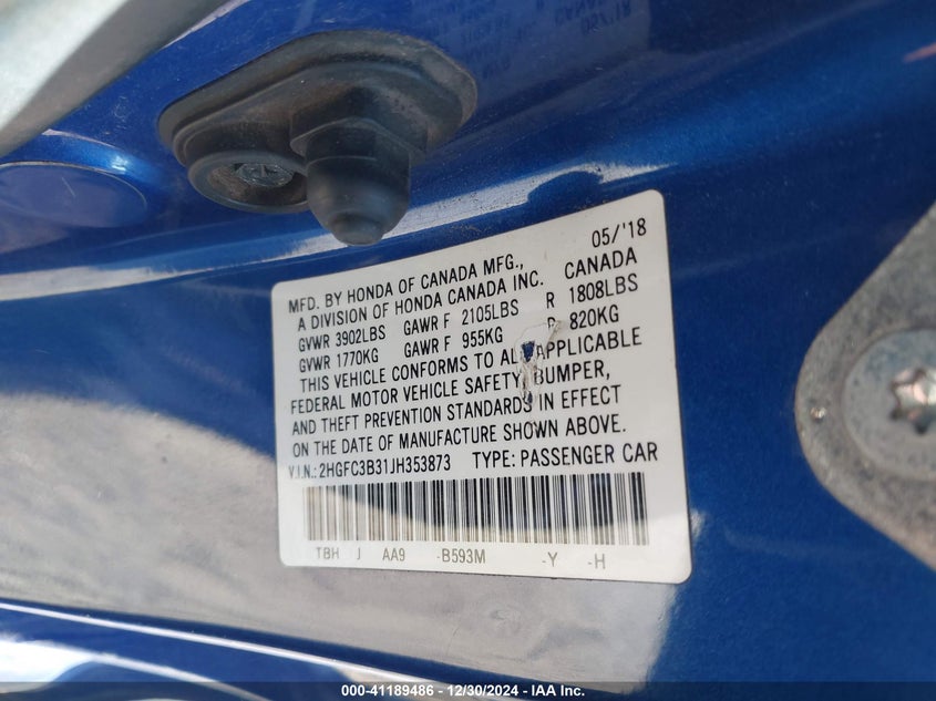 2018 HONDA CIVIC VIN: 2HGFC3B31JH353873