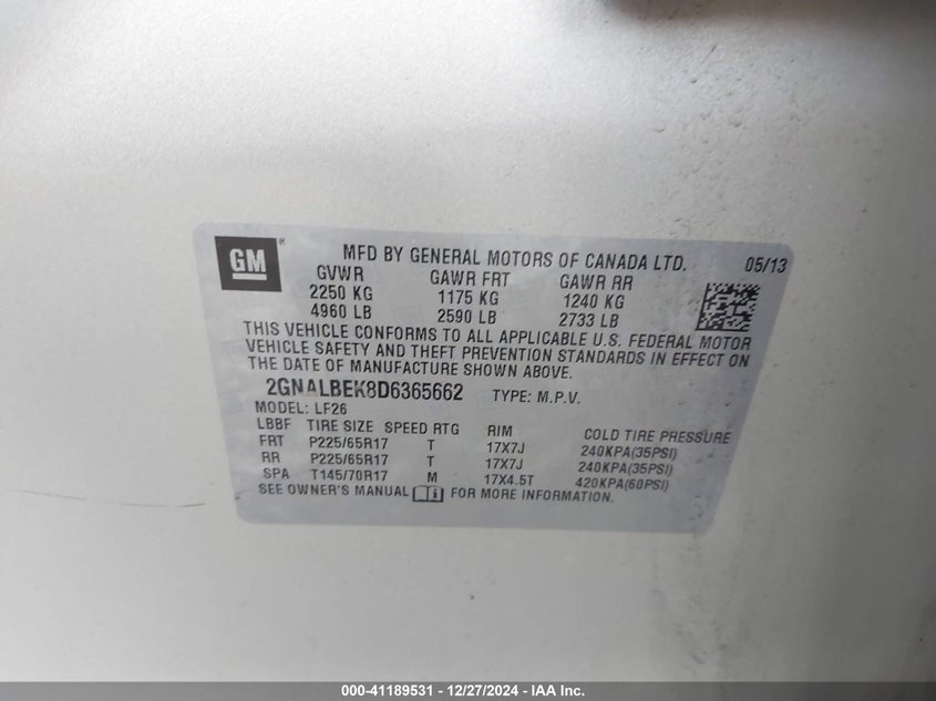2013 CHEVROLET EQUINOX VIN: 2GNALBEK8D6365662