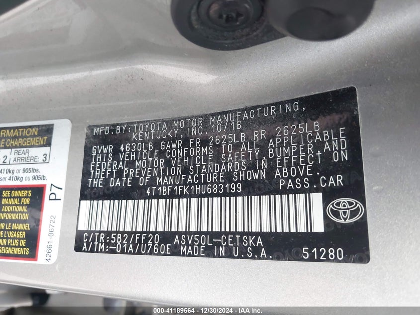 2017 TOYOTA CAMRY VIN: 4T1BF1FK1HU683199