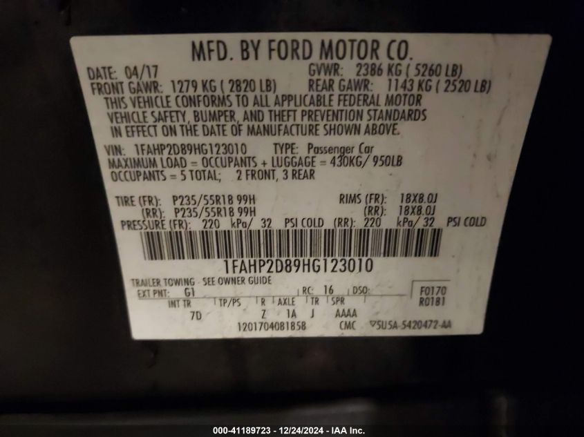 2017 FORD TAURUS SE - 1FAHP2D89HG123010