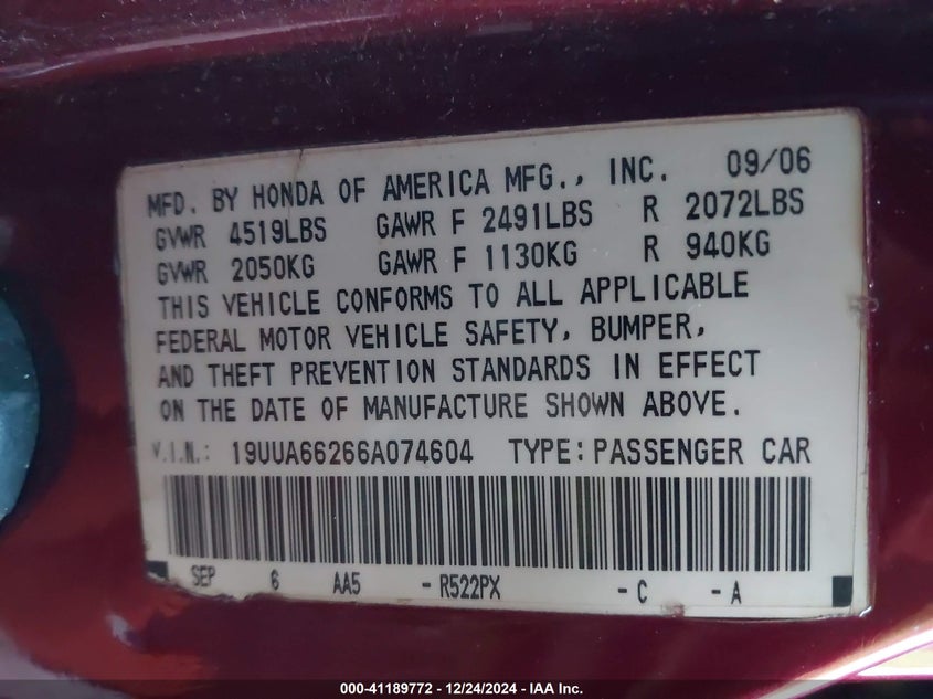 2006 ACURA TL VIN: 19UUA66266A074604