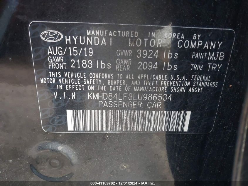 VIN KMHD84LF8LU986534 2020 Hyundai Elantra, Sel no.9