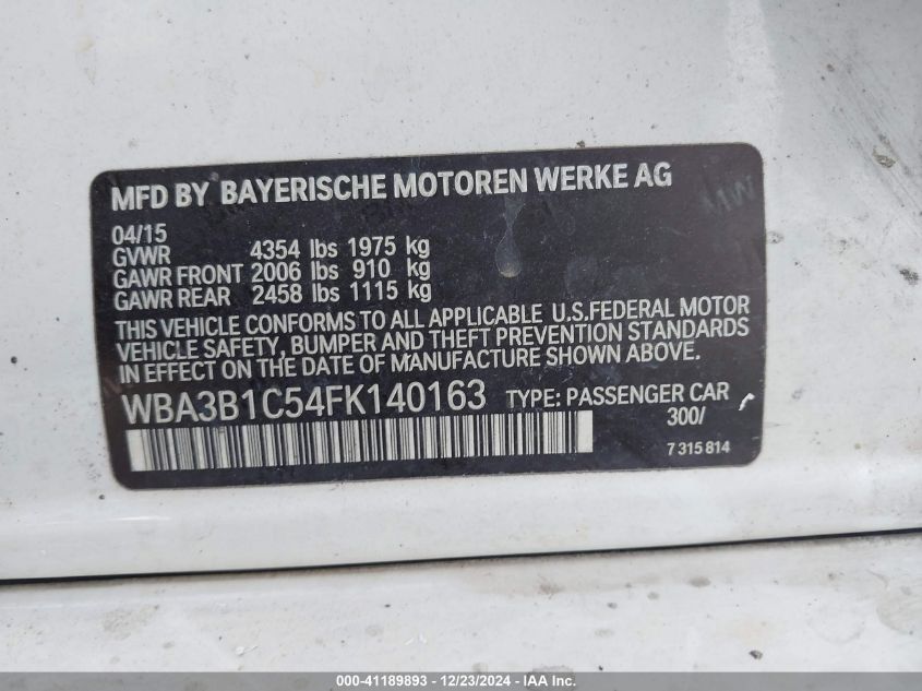 VIN WBA3B1C54FK140163 2015 BMW 3 Series, 320I no.9