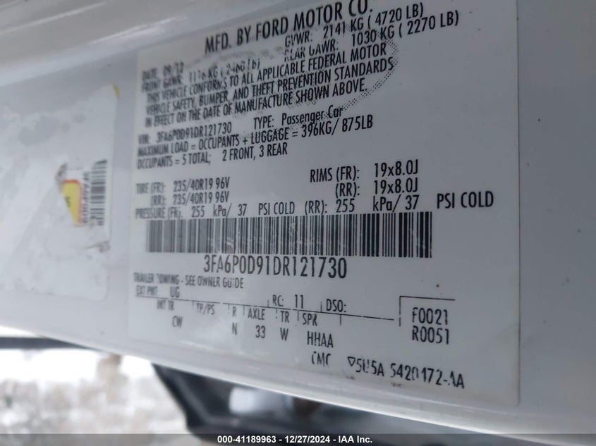 2013 FORD FUSION VIN: 3FA6P0D91DR121730