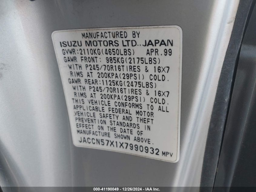 1999 Isuzu Vehicross VIN: JACCN57X1X7990932 Lot: 41190049