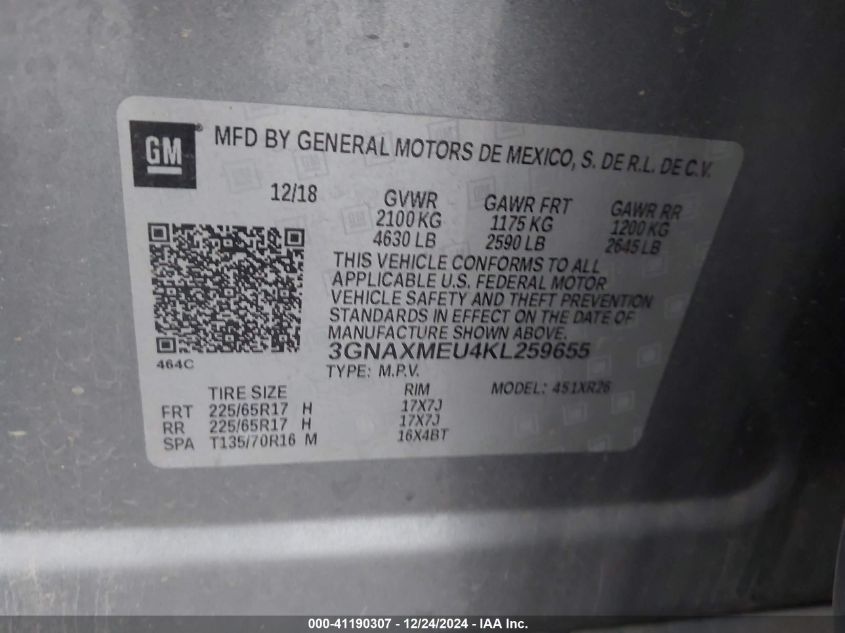 VIN 3GNAXMEU4KL259655 2019 CHEVROLET EQUINOX no.9