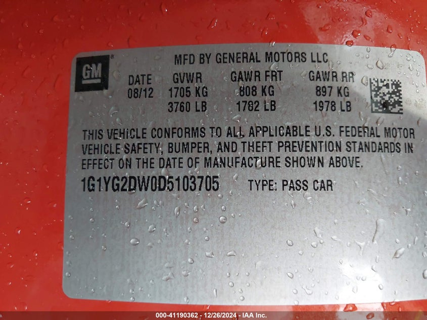 2013 CHEVROLET CORVETTE VIN: 1G1YG2DW0D5103705