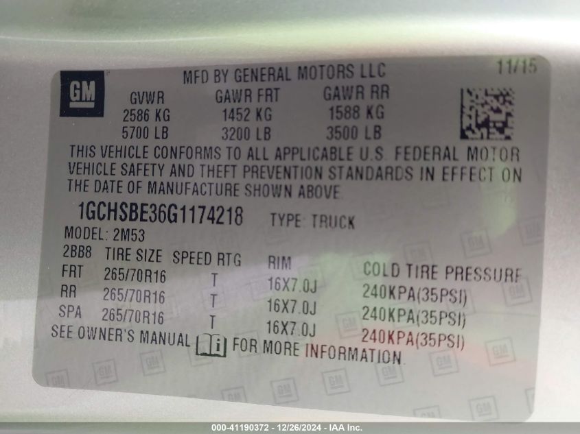 VIN 1GCHSBE36G1174218 2016 Chevrolet Colorado, WT no.9