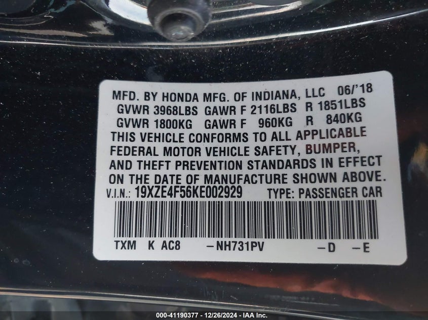 2019 HONDA INSIGHT VIN: 19XZE4F56KE002929