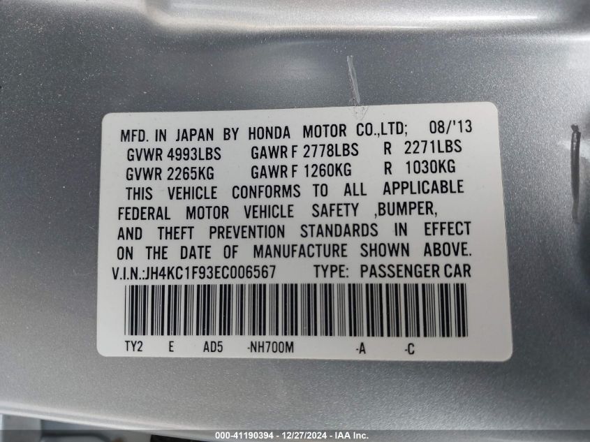 VIN JH4KC1F93EC006567 2014 ACURA RLX no.9