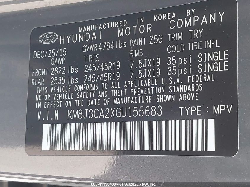 VIN KM8J3CA2XGU155683 2016 HYUNDAI TUCSON no.9