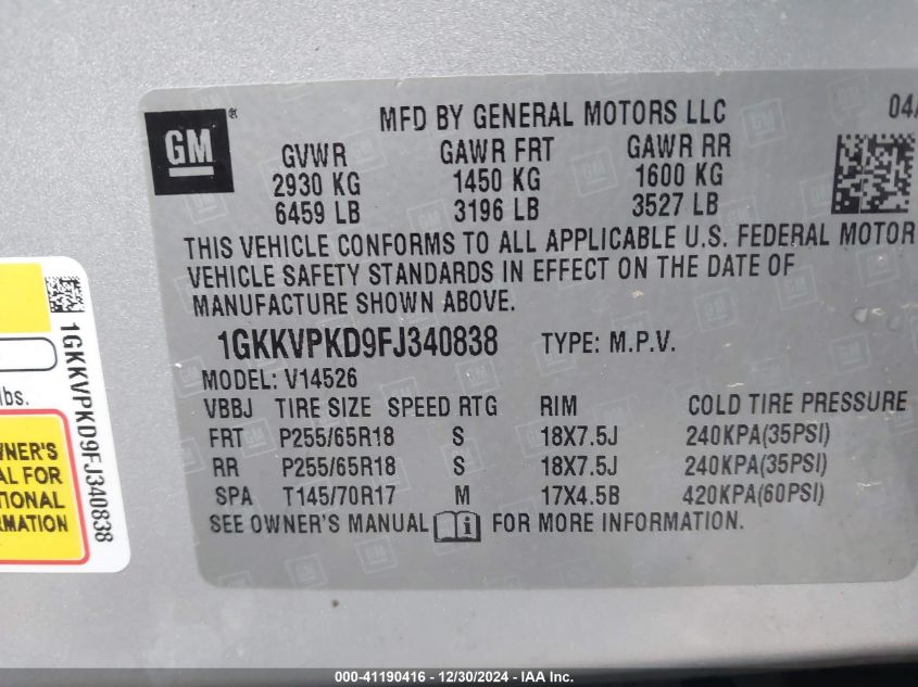 VIN 1GKKVPKD9FJ340838 2015 GMC ACADIA no.9