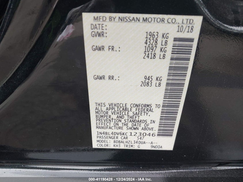 2019 NISSAN ALTIMA VIN: 1N4BL4DV6KC123046