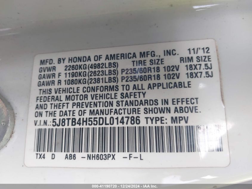 VIN 5J8TB4H55DL014786 2013 Acura RDX no.9