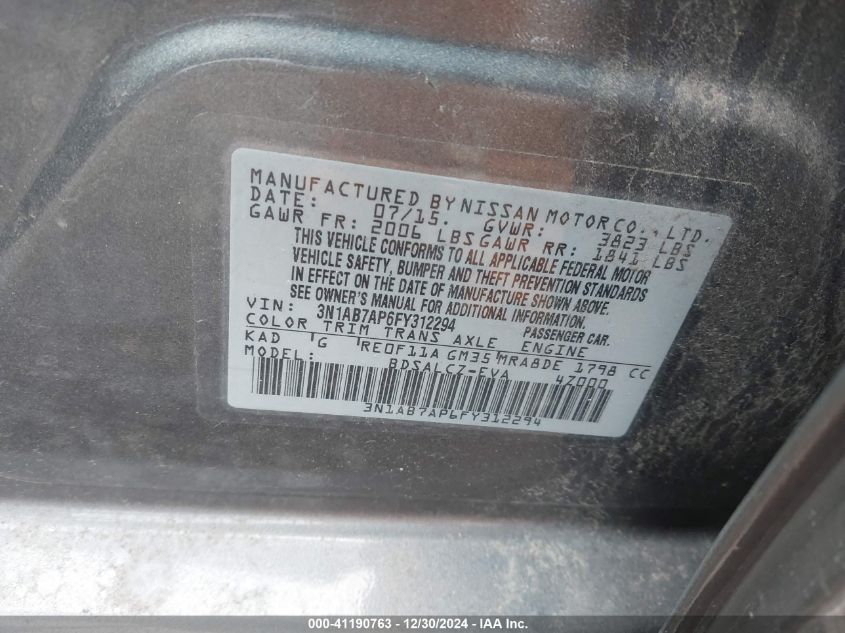 VIN 3N1AB7AP6FY312294 2015 Nissan Sentra, S no.9