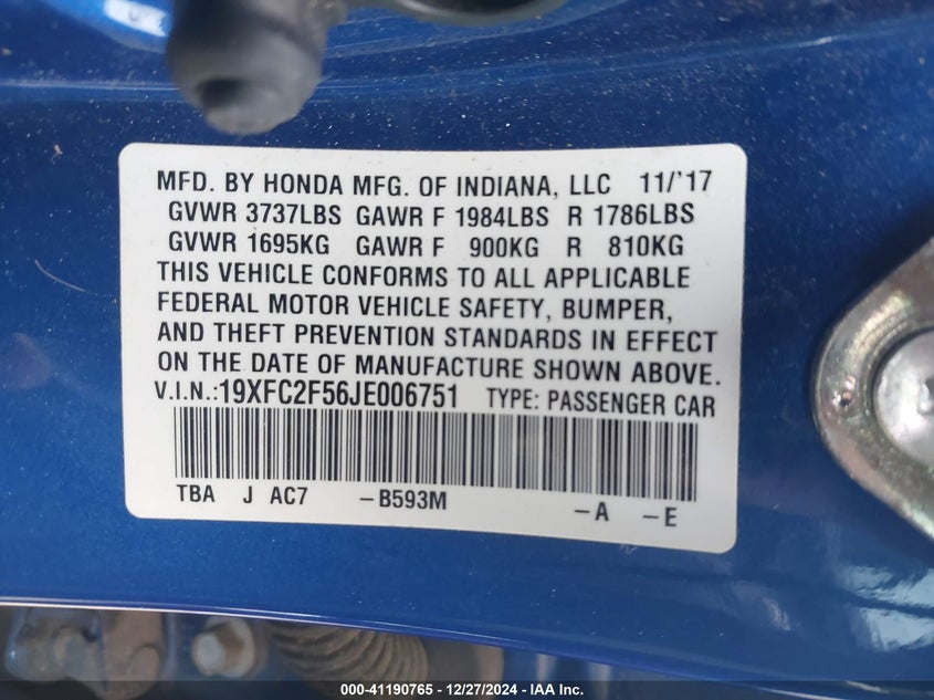 2018 HONDA CIVIC LX - 19XFC2F56JE006751