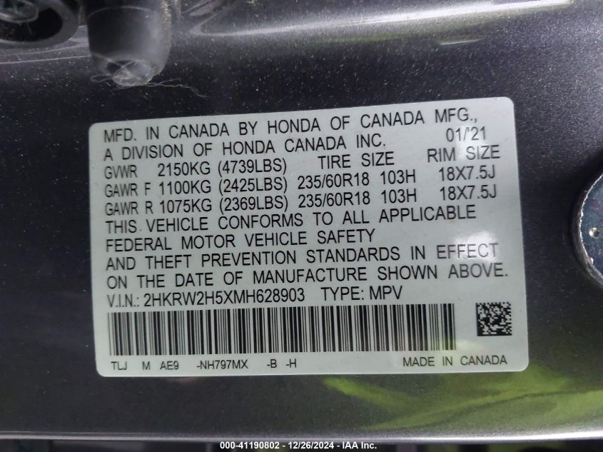 VIN 2HKRW2H5XMH628903 2021 HONDA CR-V no.9