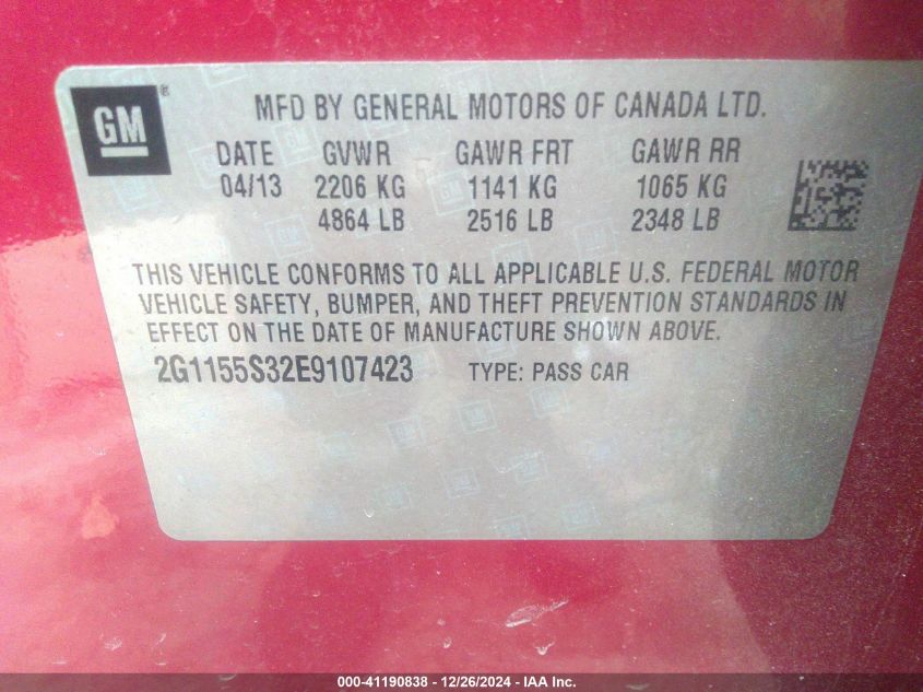 2014 Chevrolet Impala 2Lz VIN: 2G1155S32E9107423 Lot: 41190838