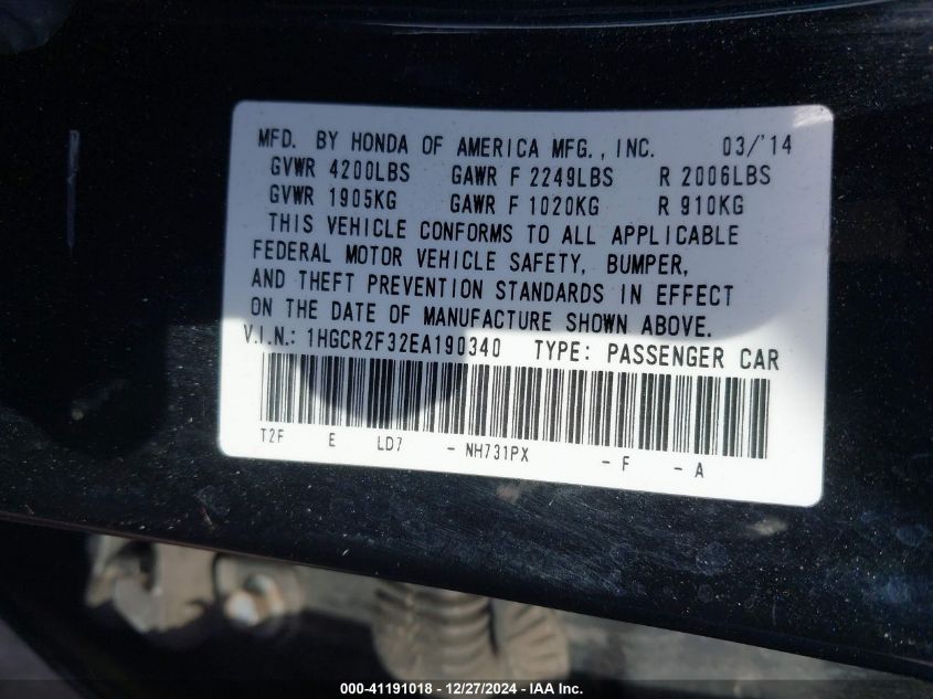 VIN 1HGCR2F32EA190340 2014 Honda Accord, LX no.9