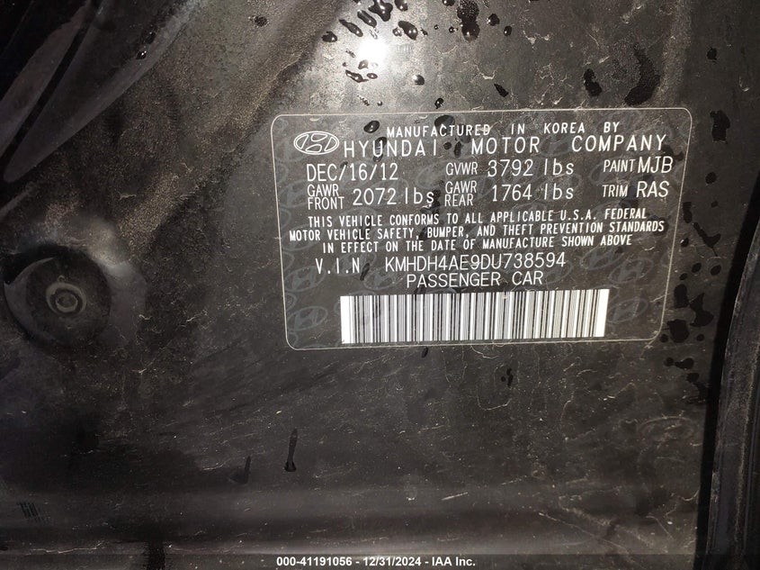 2013 HYUNDAI ELANTRA VIN: KMHDH4AE9DU738594