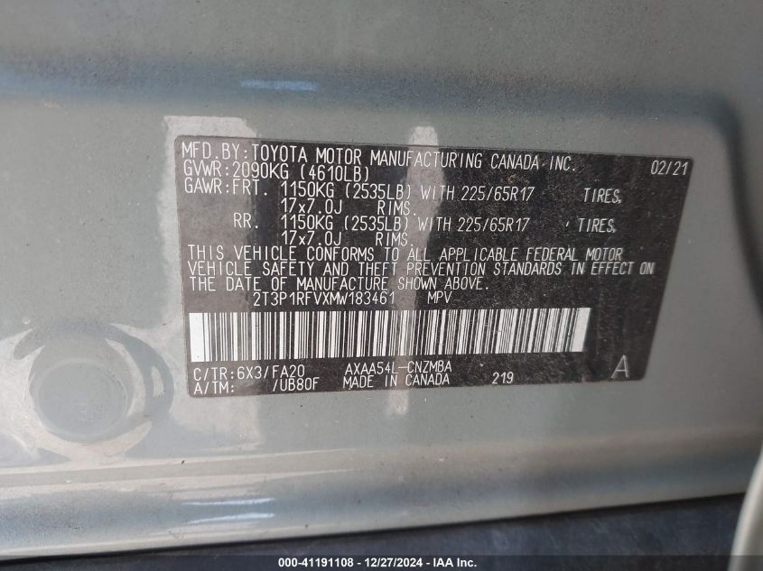 VIN 2T3P1RFVXMW183461 2021 TOYOTA RAV4 no.9