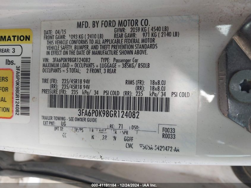 VIN 3FA6P0K98GR124082 2016 Ford Fusion, Titanium no.9