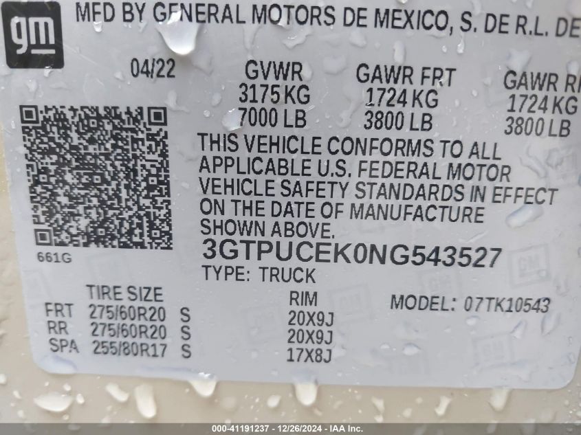 VIN 3GTPUCEK0NG543527 2022 GMC Sierra, 1500 4Wd  Sh... no.9