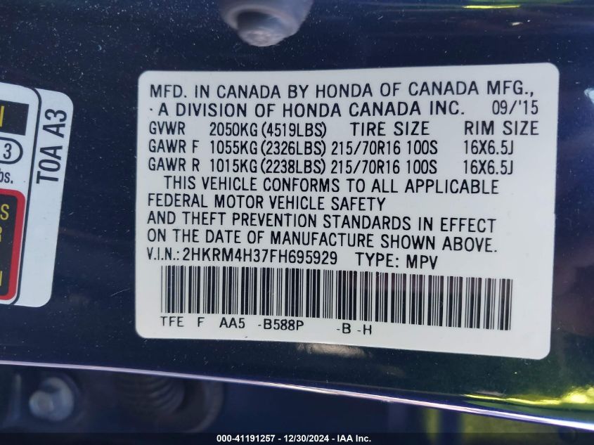 VIN 2HKRM4H37FH695929 2015 Honda CR-V, LX no.9