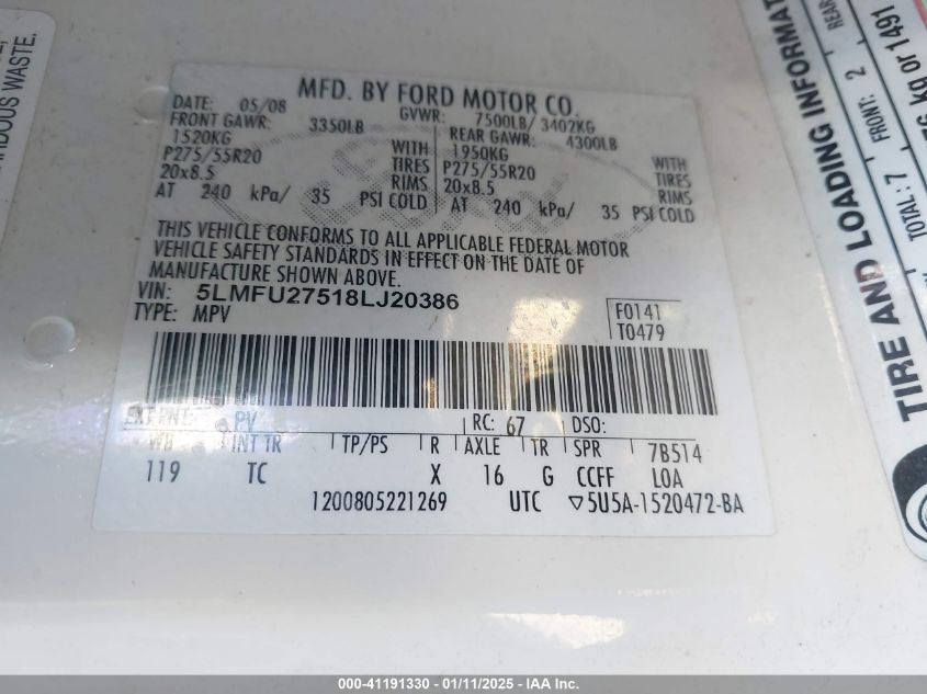 2008 Lincoln Navigator VIN: 5LMFU27518LJ20386 Lot: 41191330