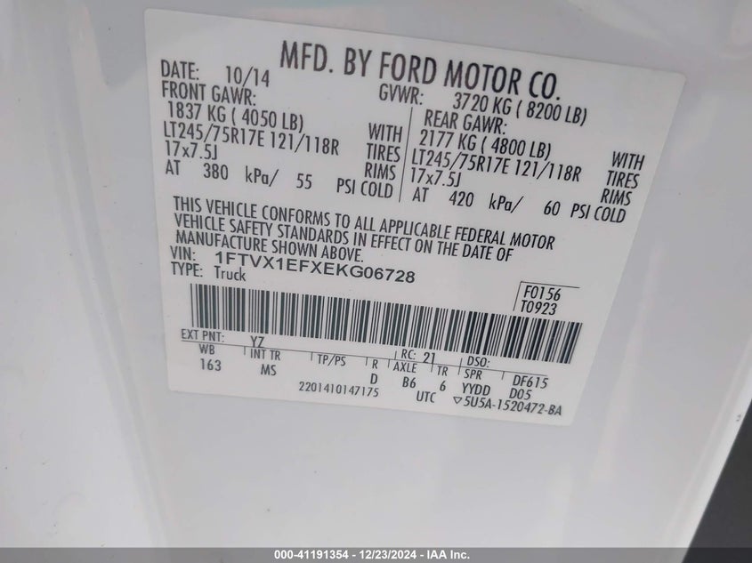 2014 FORD F-150 VIN: 1FTVX1EFXEKG06728