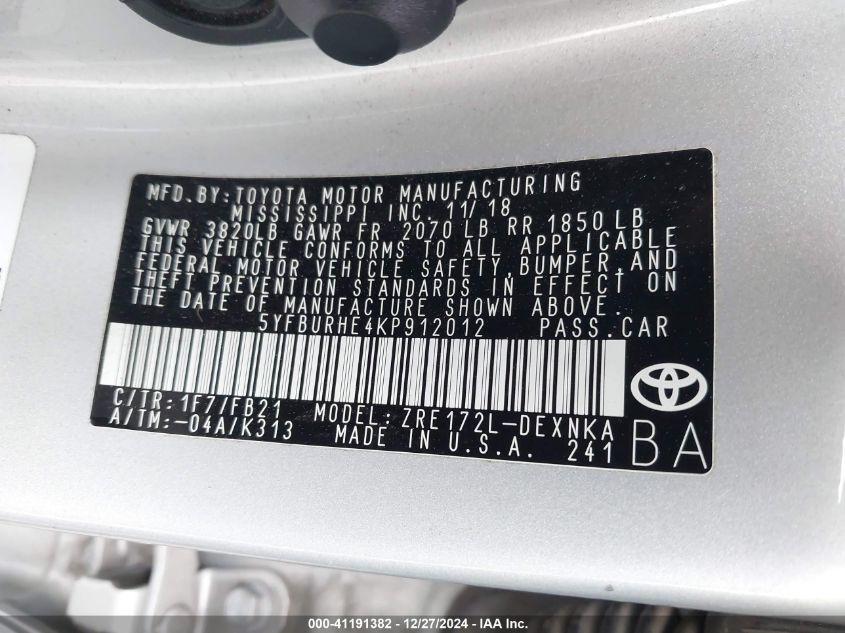 VIN 5YFBURHE4KP912012 2019 Toyota Corolla, LE no.9