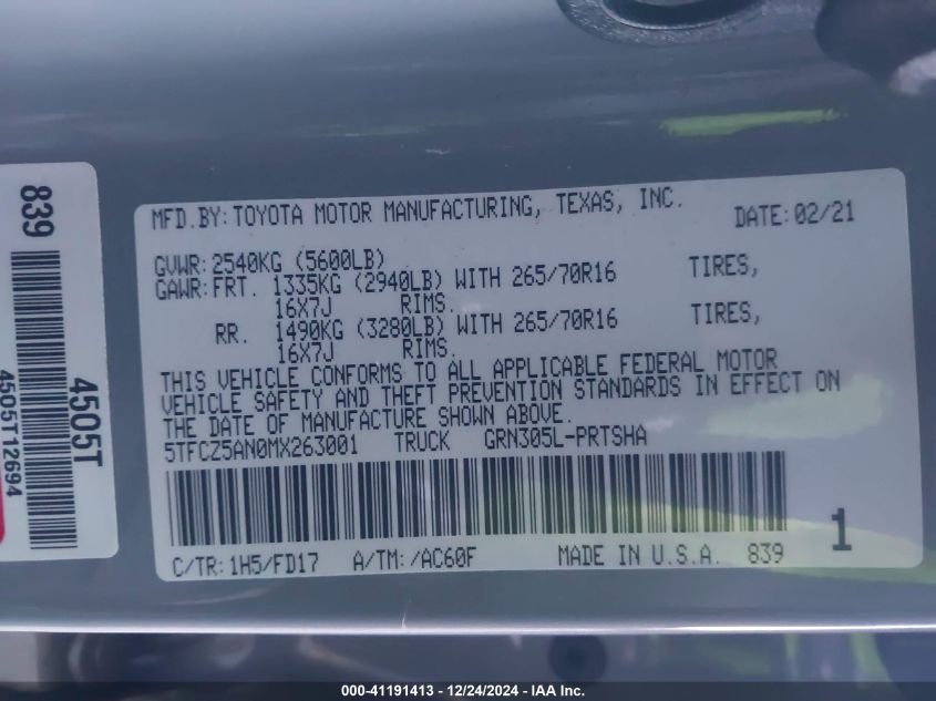 VIN 5TFCZ5AN0MX263001 2021 TOYOTA TACOMA no.9