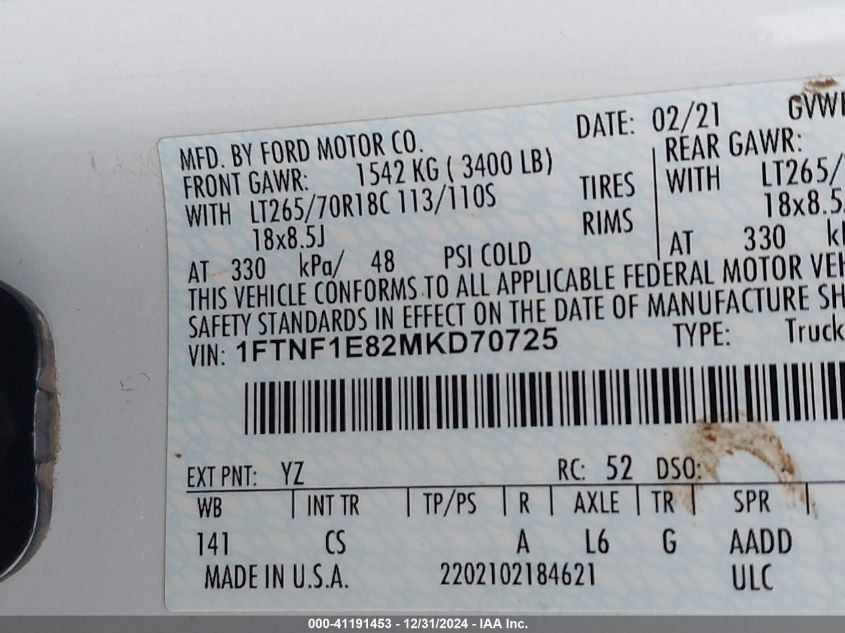 VIN 1FTNF1E82MKD70725 2021 Ford F-150, XL no.9