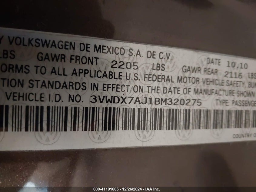 2011 VOLKSWAGEN JETTA VIN: 3VWDX7AJ1BM320275