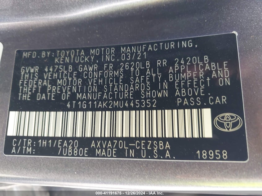 2021 TOYOTA CAMRY SE - 4T1G11AK2MU445352