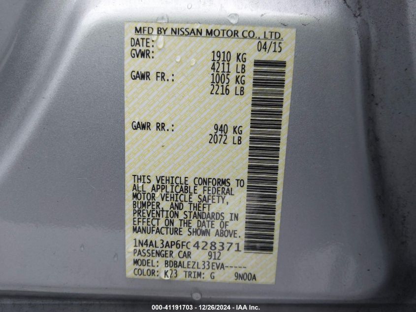 VIN 1N4AL3AP6FC428371 2015 Nissan Altima, 2.5/2.5 S... no.9