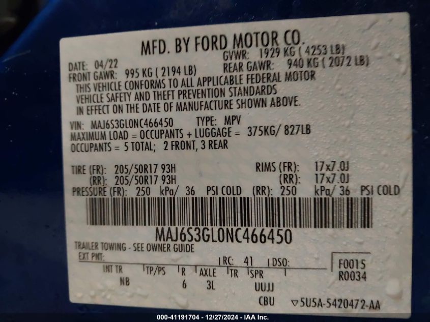 2022 Ford Ecosport Se VIN: MAJ6S3GL0NC466450 Lot: 41191704