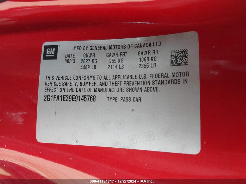 2014 CHEVROLET CAMARO VIN: 2G1FA1E39E9145768