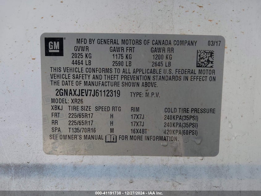 2018 CHEVROLET EQUINOX VIN: 2GNAXJEV7J6112319